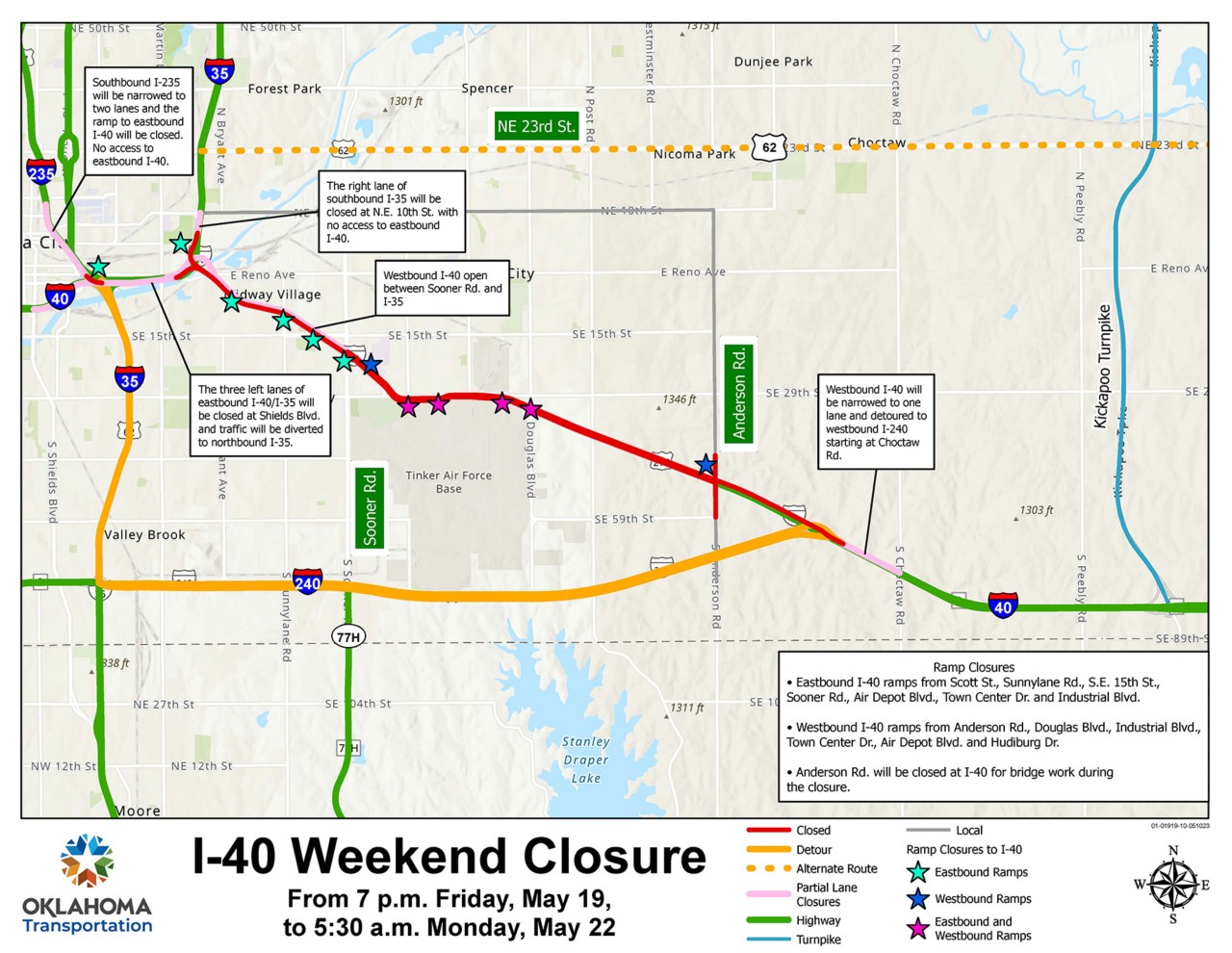 Westbound I-40 will be closed between Choctaw Rd. and Hudiburg Dr. while eastbound I-40 will be closed between Shields Blvd. and Anderson Rd. from 7 p.m. Friday, May 19, through 5:30 a.m. Monday, May 22, for removal of Engle Rd. bridge as part of the I-40 Douglas Blvd. and I-40 widening project in Midwest City and Oklahoma City. 