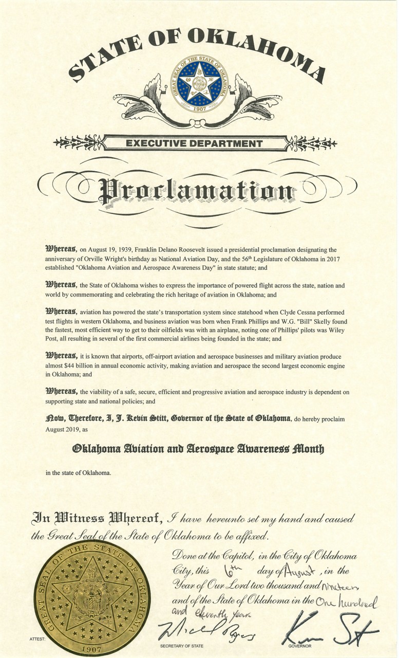 Oklahoma Governor Declares August Aviation and Aerospace Awareness Month