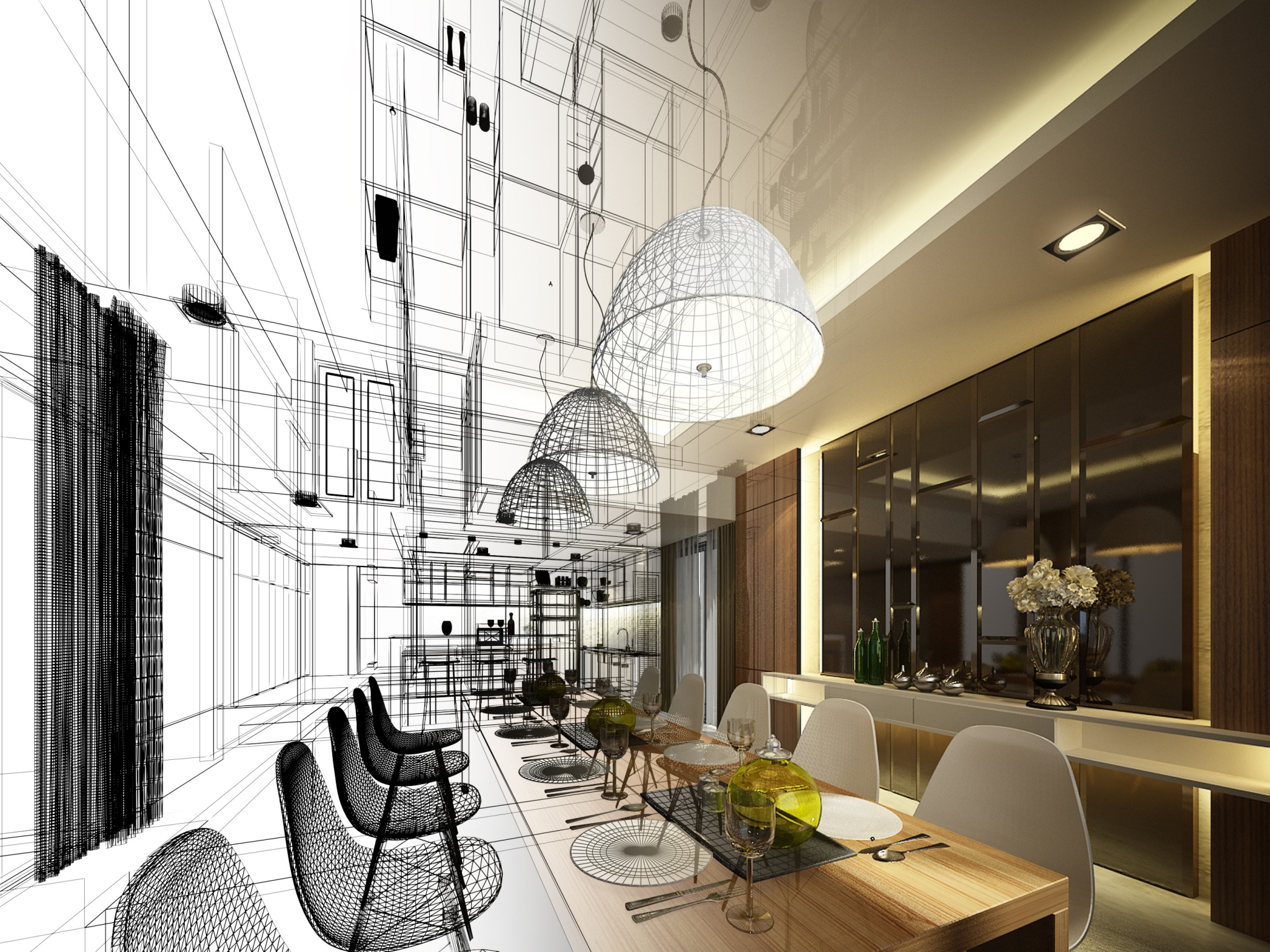 Interior Design Interior Design - an abstract sketch design of interior dining, 3d render