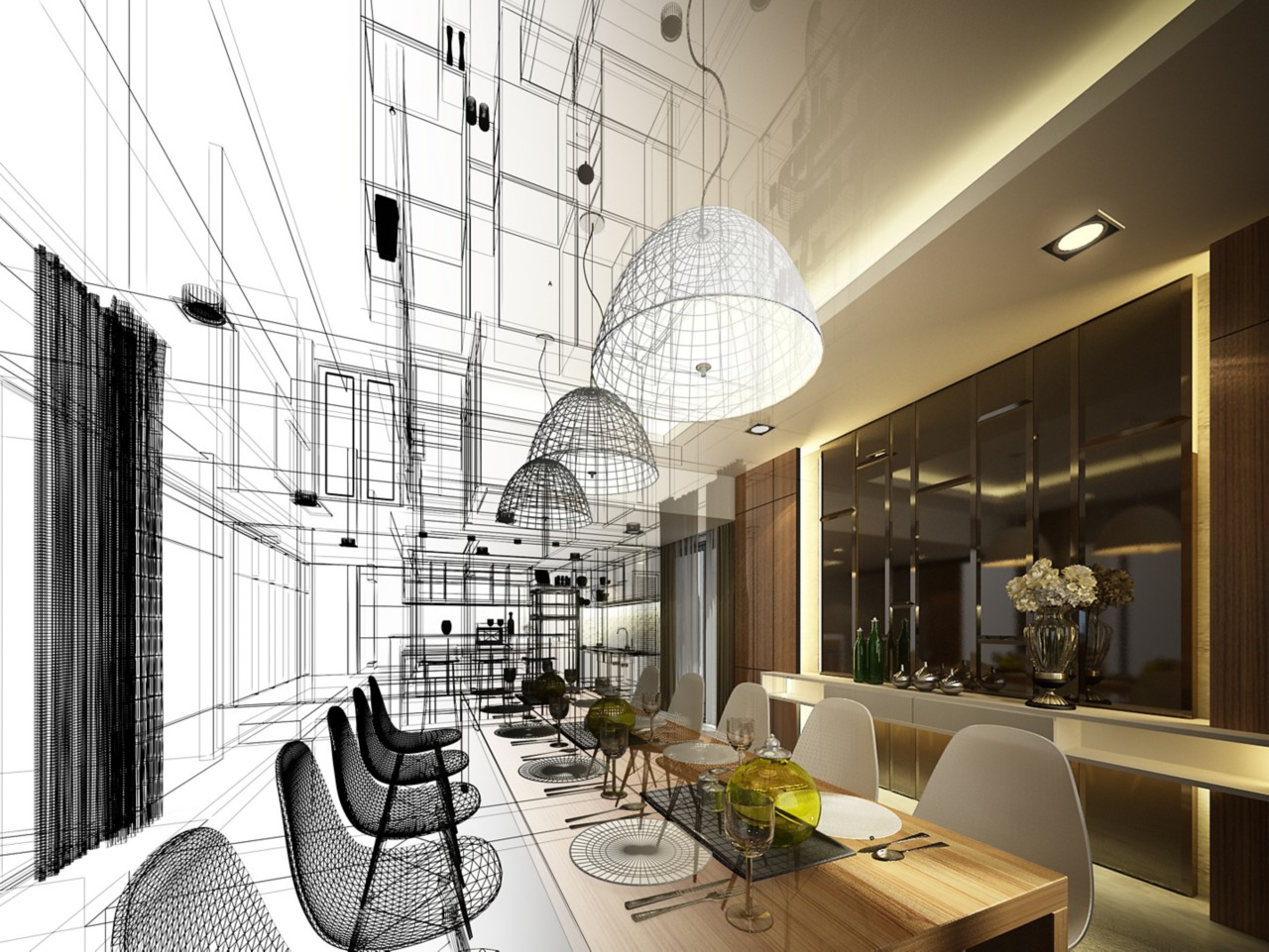 Interior Design - an abstract sketch design of interior dining, 3d render