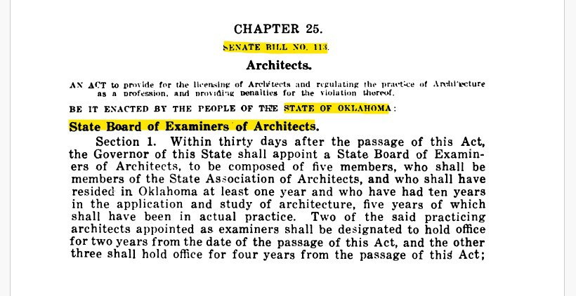 Text of Senate bill 113, which created the Oklahoma State Board of Examiners of Architects. (Image provided by the Oklahoma Historical Society.)