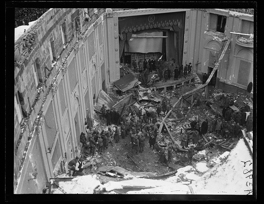 The Knickerbocker Theater after its roof collapsed due to the heavy weight of snow. (Image provided by the National Council of Architectural Registration Boards.)