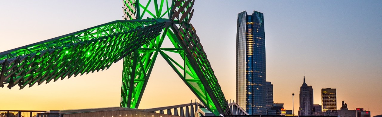 Scissortail Sculpture In Green and OKC Skyline