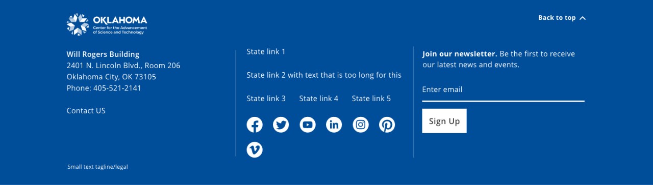 blue background example footer with generalized agency information, social icons, and a join our newsletter sign up field for desktop screen width