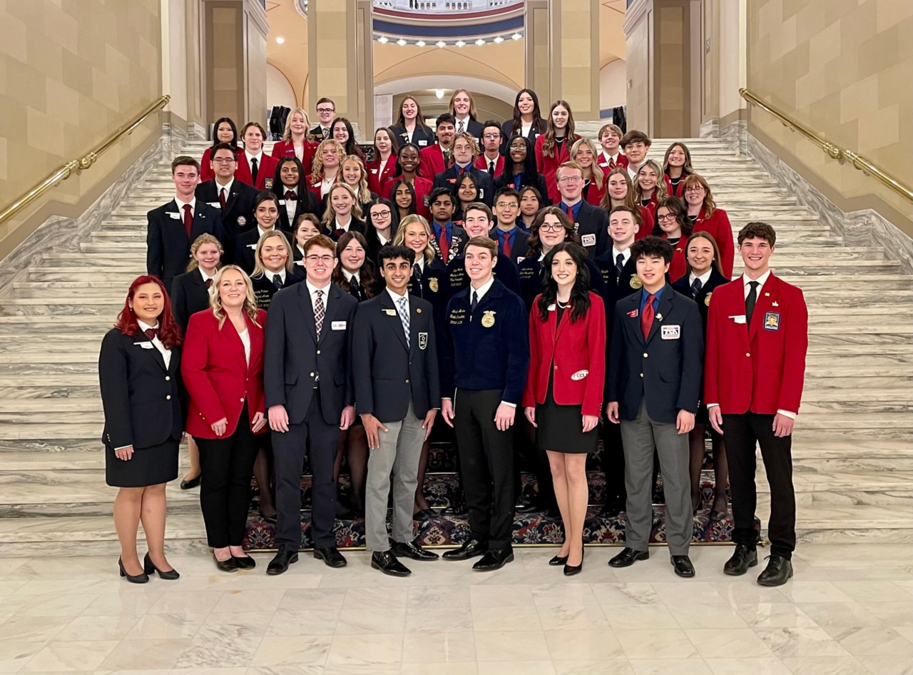 Oklahoma CareerTech has seven student organizations (CTSOs) with chapters spread across the state. This photo is of all the state officers for each of the seven CTSOs.