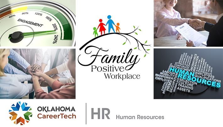 The Human Resources Website Banner has 5 images: an engagement gauge reading 230 percent; several people with arms outstretched and hands laying on top of each other to indicate they are a team; two people shaking hands while one holds a resume; a collage of words pertaining to human resources; and the logo for a Family Positive Workplace