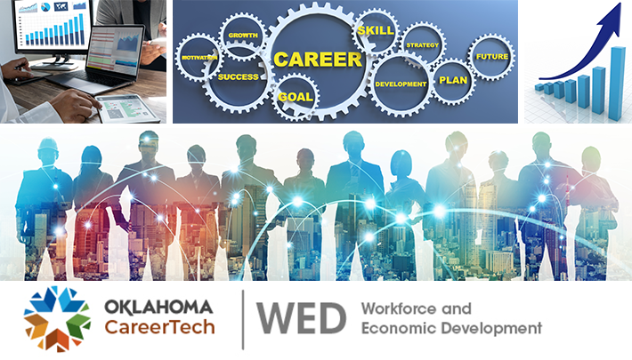 Workforce and Economic Development banner contains 4 images: electronic devices with data graphs; gear wheels with words suck as goal, career, future, strategy, skill, etc.; bar graph with an upward arrow; silhouettes of workers representing several career fields with a skyline background