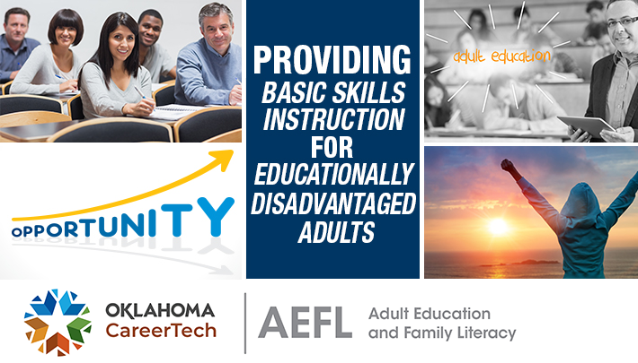 The Adult Basic Education divisional banner consists of 5 images: adult students in taking class notes, opportunity growth upward arrow, adult students in a classroom, adult student raising arms in victory looking at the sunset, and a quote that reads "providing basic skills instruction for educationally disadvantaged adults."