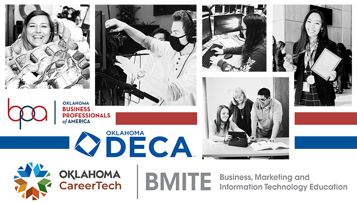Business, Marketing and Information Technology Website Banner has 5 images: male IT student working with computer wiring, female instructor and male student looking at a computer screen, 2 female students recording audio in a sound booth, graphic arts student drawing a picture, male IT student observing network traffic on a monitor