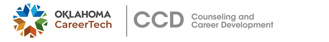 Counseling and Career Development Website Banner has 4 images: an OK Career Guide and ICAP image that reads "Fostering Meaningful Career Development," male keyboarding on a laptop while a female looks on, graduates celebrating by throwing their mortar boards in the air, and a Kuder Galaxy image that reads "Launch kids into career possibilities"