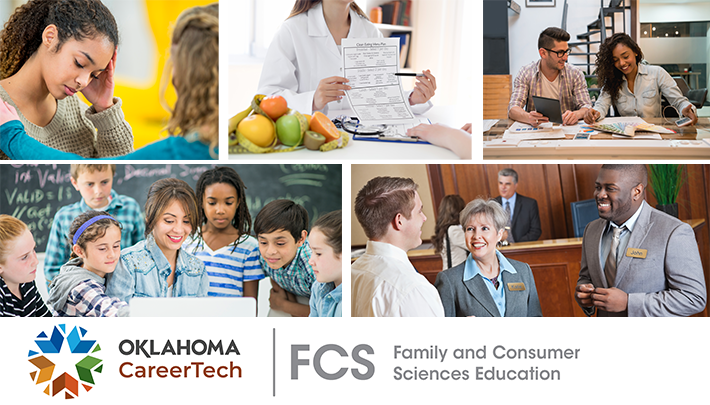 Family and Consumer Sciences Education Website Banner has 5 images: one student comforting another student; dietician pointing to a nutrition chart she is holding; two students looking at color swatches; group of elementary students looking at a laptop with their teacher; two men and a woman engaged in conversation