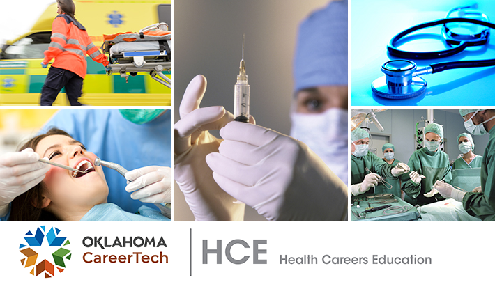 Health Careers Education Website Banner has 5 images: EMT pulling a gurney; dental hygienist cleaning female patient's teeth; nurse clearing air out of a syringe; a stethoscope; a surgical team in an operating room