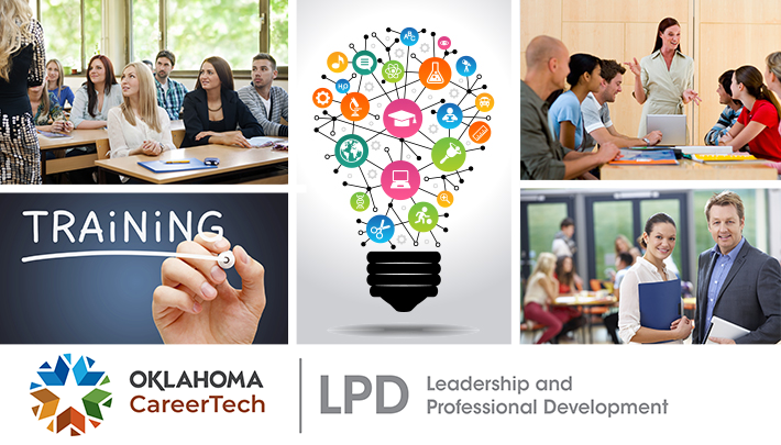 Leadership and Professional Development Website Banner has 5 images: adult students sitting in a classroom; the word "training" written on a chalkboard; a lightbulb with icons pertaining to education and the world inside; high school students sitting in a classroom; business professionals in the workplace