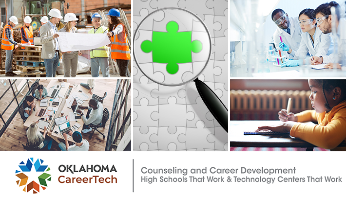 hstw-tctw-ccd-banner Career Counseling and Development: High Schools That Work & Tech Centers That Work Website Banner consists of 5 images. Group of constructions workers wearing hard hats looking at a blueprint; team of workers on laptops gathered around a conference table; white puzzle with a puzzle piece highlighted in green; three biotechs looking at test tubes; small child writing on paper at a table.