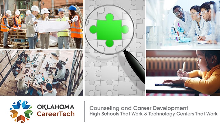 Career Counseling and Development: High Schools That Work & Tech Centers That Work Website Banner consists of 5 images. Group of constructions workers wearing hard hats looking at a blueprint; team of workers on laptops gathered around a conference table; white puzzle with a puzzle piece highlighted in green; three biotechs looking at test tubes; small child writing on paper at a table.