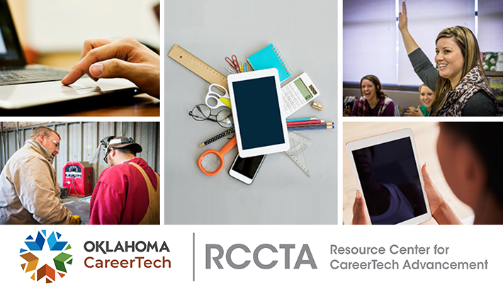 rccta-website-banner Resource Center for CareerTech Advancement Banner has 5 images: finger on laptop mousepad, a male instructor speaking to a male student in shop class, various office supplies including a smartphone and iPad, classroom with female student raising hand, and a student looking at an iPad screen