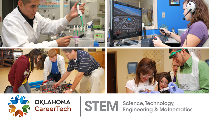 STEM Website Banner has 4 images: biotech lab technician using a dropper for samples; robotics students and instructor working on a project; student using an aircraft pilot simulator; students in biology class with a pig specimen