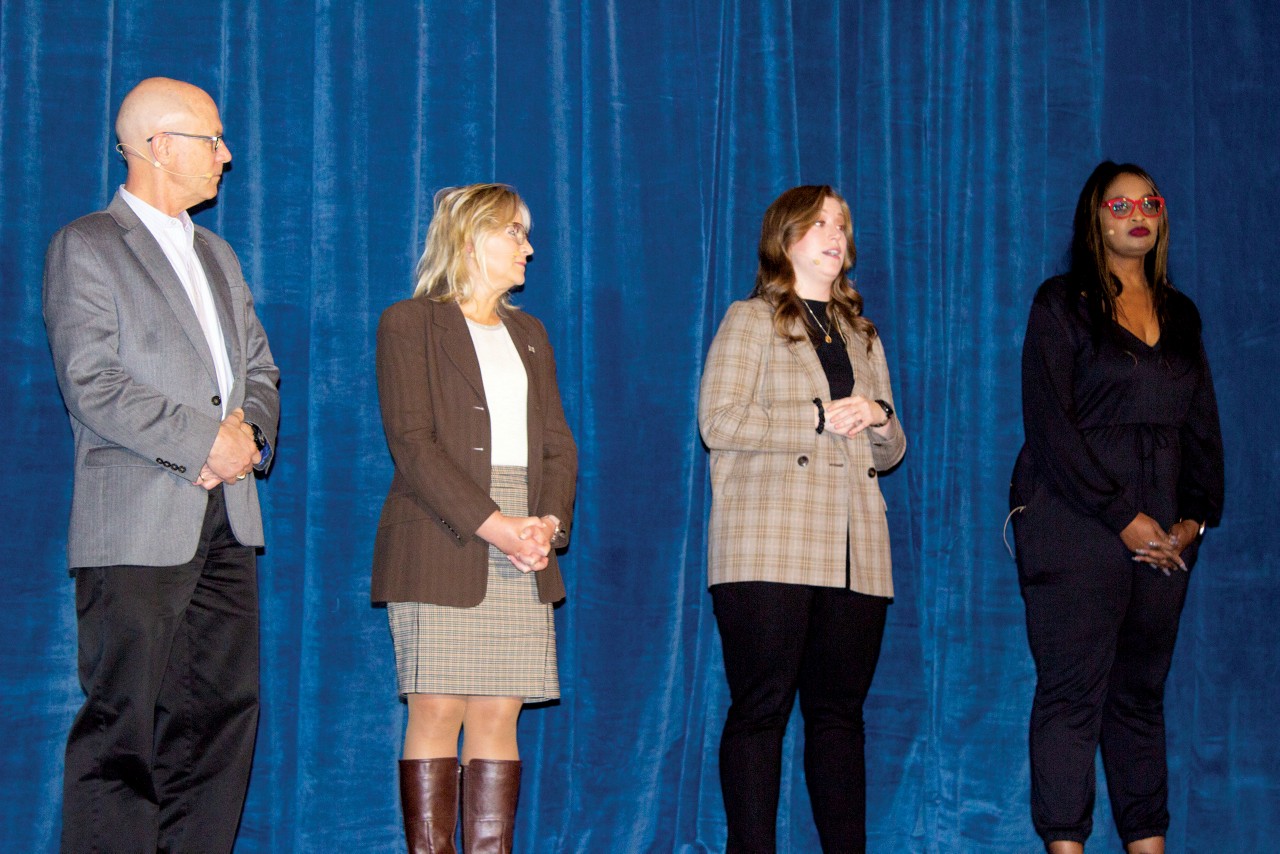 Rachel Leach, a specialist in forensic biology at the Oklahoma State Bureau of Investigation, second from right, answers an audience question during an industry panel at the Oklahoma Technology Student Association’s Fall Leadership Conference. Also on the panel were, from left, Greg Smith, Northrup Grumman director and Oklahoma City site leader; Rep. Nicole Miller, R-Edmond; and Kozetta Chapman, senior manager of technical operations recruiting and development at American Airlines.