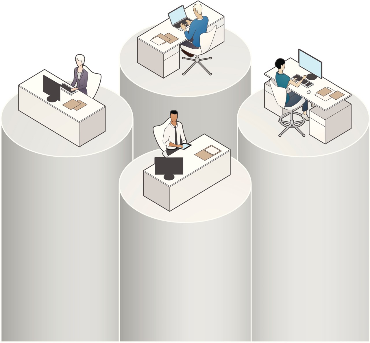 Getty Images #165954847 showing the concept illustration of the Silo Effect, where people in different business groups fail to share information with each other.