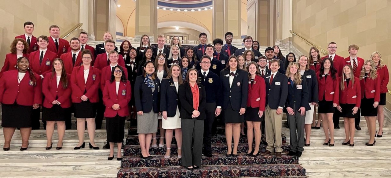 Oklahoma CareerTech student organization state officers visited the state Capitol Monday to talk to legislators about the importance of career and technology education. With them is Sen. Jessica Garvin, R-Duncan, center front.