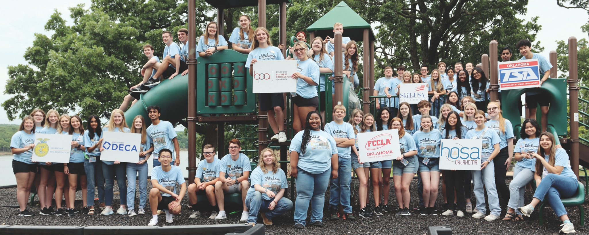 Oklahoma CareerTech student organization state officers recently attended CareerTech University at Sequoyah State Park. Pictured are state officers from FFA, DECA, BPA, FCCLA, SkillsUSA, HOSA and TSA.
