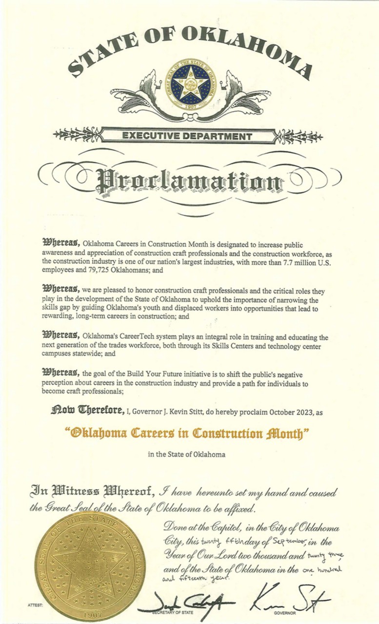 A picture of a proclamation from Gov. Kevin Stitt declaring October as Oklahoma Careers in Construction Month