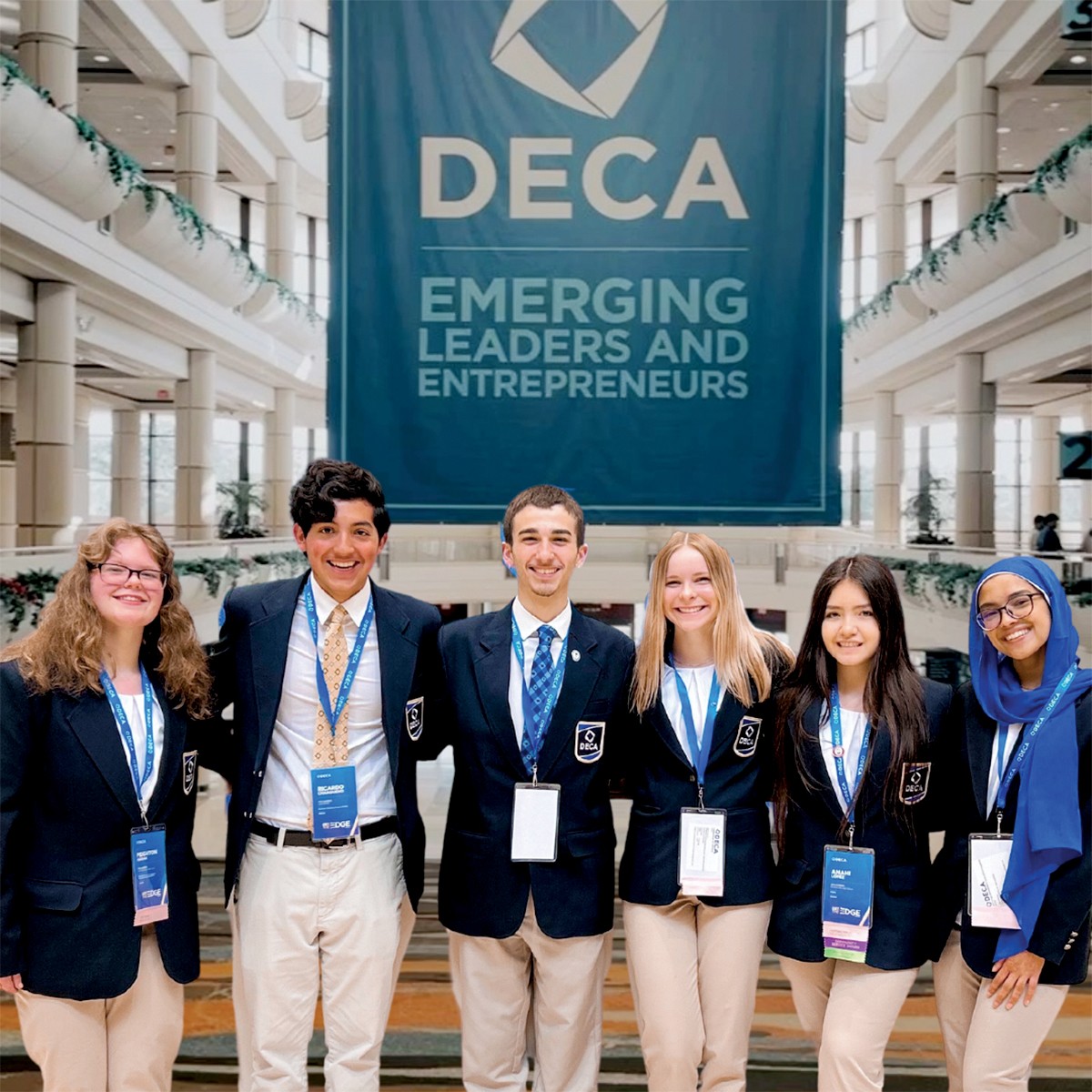 Members of the Oklahoma DECA 2023-24 state executive council attended the DECA International Career Development Conference. Pictured are, from left, Peighton Harak, Edmond North High School; Ricardo Charqueno, Ada High School; Reed Ragaini, Edmond Santa Fe High School; Isabelle Dodge, Francis Tuttle Technology Center-Danforth Campus; Anahi Lopez, Putnam City High School; and Subaha Kibria, Edmond Santa Fe High School.