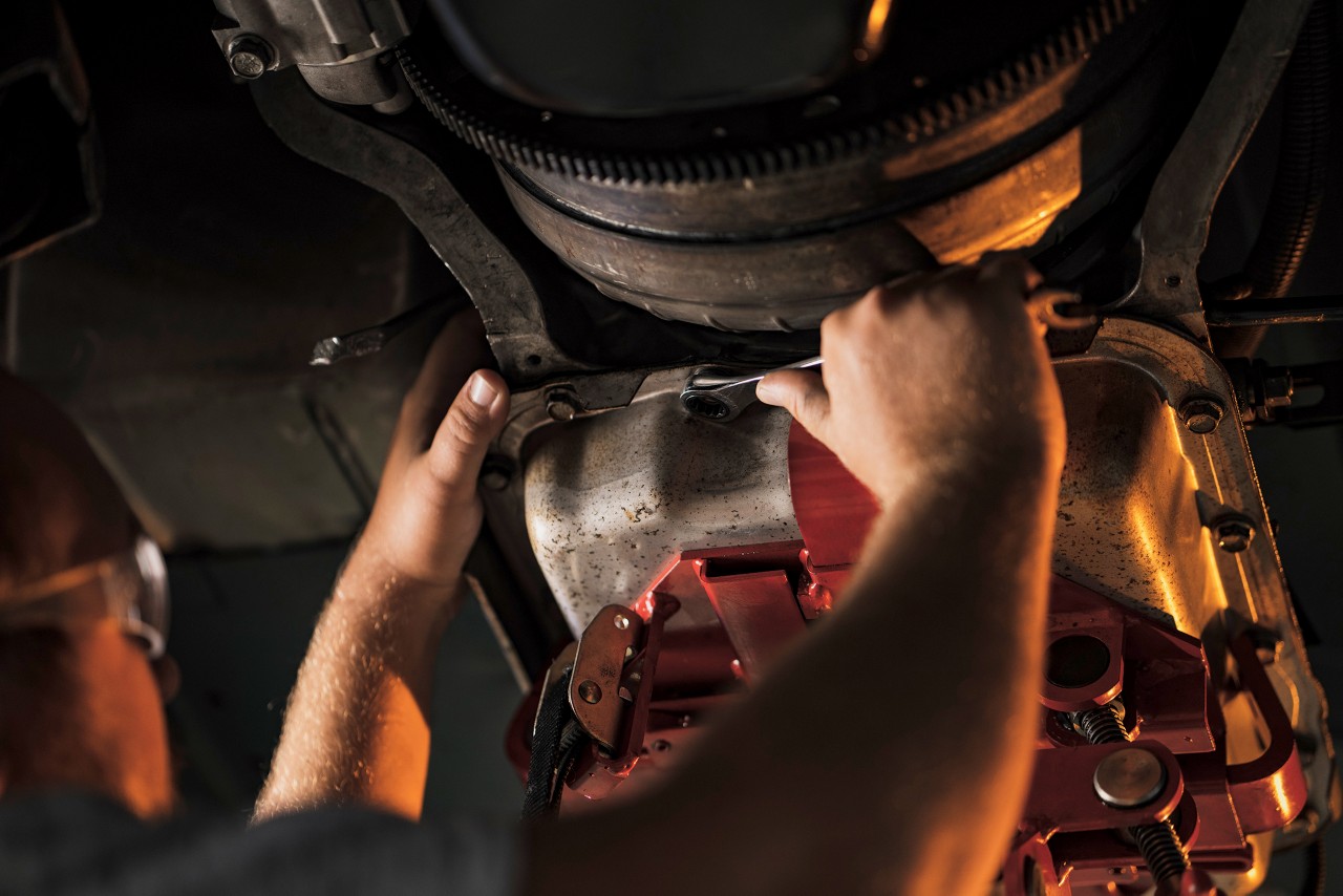 An Oklahoma CareerTech technology center student repairs an automobile.