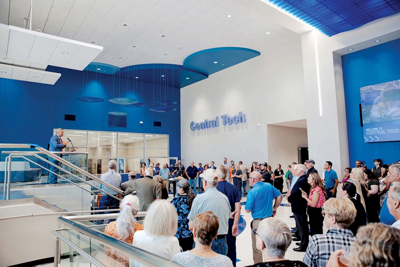 People gather in the lobby of Central Technology Center's new south wing at its Drumright campus during the grand opening of the addition.