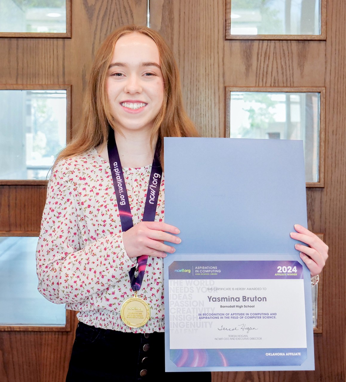 Yasmina Bruton, Tri County Technology Center, received an Aspirations in Computing award from the National Center for Women and Information Technology.