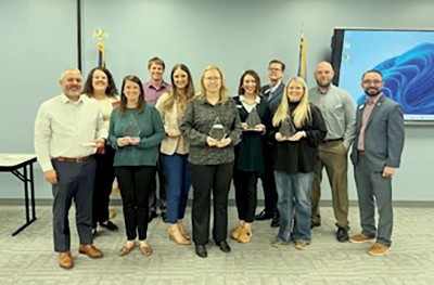 Ten workforce and economic development professionals from across Oklahoma recently completed Oklahoma CareerTech's BisCert Pro training. Pictured are, from left, Jacob Poole, Kiamichi Tech; Whitney Blaylock, Oklahoma CareerTech; Mauri Riggs, Canadian Valley Tech; Jason Wallace, Northwest Tech; Julie Griffin, Meridian Tech; Cynthia Gibbs, Kiamichi Tech; Ryan Zaloudek, Autry Tech; Kevin Barber, Francis Tuttle Tech; Bethanye Smith, Moore Norman Tech; Ryan Dunn, Central Tech; and Justin Siler, Oklahoma CareerTech. Not pictured is Tina Fitzgerald, Moore Norman Tech.
