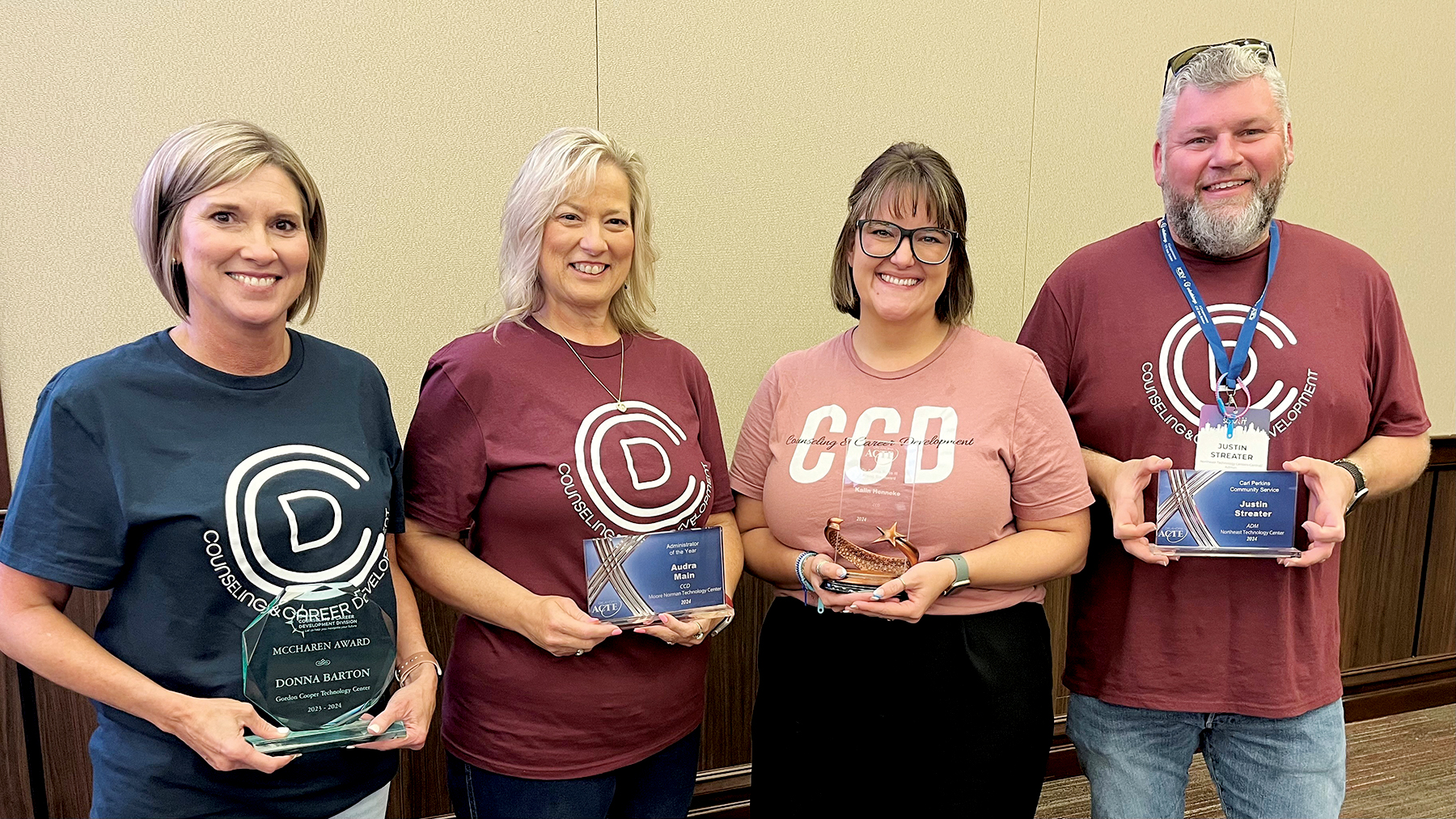 Four student financial aid specialists in the Oklahoma CareerTech system were honored at Oklahoma Summit. Pictured are, from left, Donna Barton, Gordon Cooper Tech; Audra Maine, Moore Norman Tech; Kalin Henneke, Autry Tech; and Justin Streater, Northeast Tech.