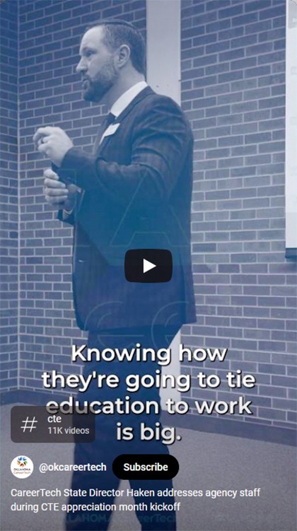 CareerTech State Director Brent Haken talks to agency staff. Link opens short video in new tab.
