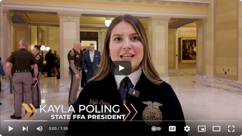 Kayla Poling, state FFA president, speaks in a video from the state Capitol. Link to video.