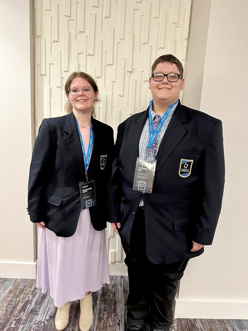 Peighton Harak, left, and Tucker West were elected to the 2025-26 Collegiate DECA Executive Council as vice presidents. Harak, who works as a part-time clerk in Oklahoma CareerTech’s health science education division, attends Oklahoma State University, and West attends High Plains Technology Center.