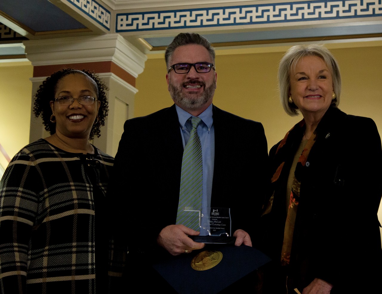 Blake McCrabb, center, executive director of workforce development at Mid-Del Technology Center, recently received a Making It Work Day Spotlight Award from the Oklahoma Career and Technical Education Equity Council. With him are Goldie Thompson, left, vice chancellor for student preparation and special programs with the Oklahoma State Regents for Higher Education, and Sen. Brenda Stanley, R-Midwest City.