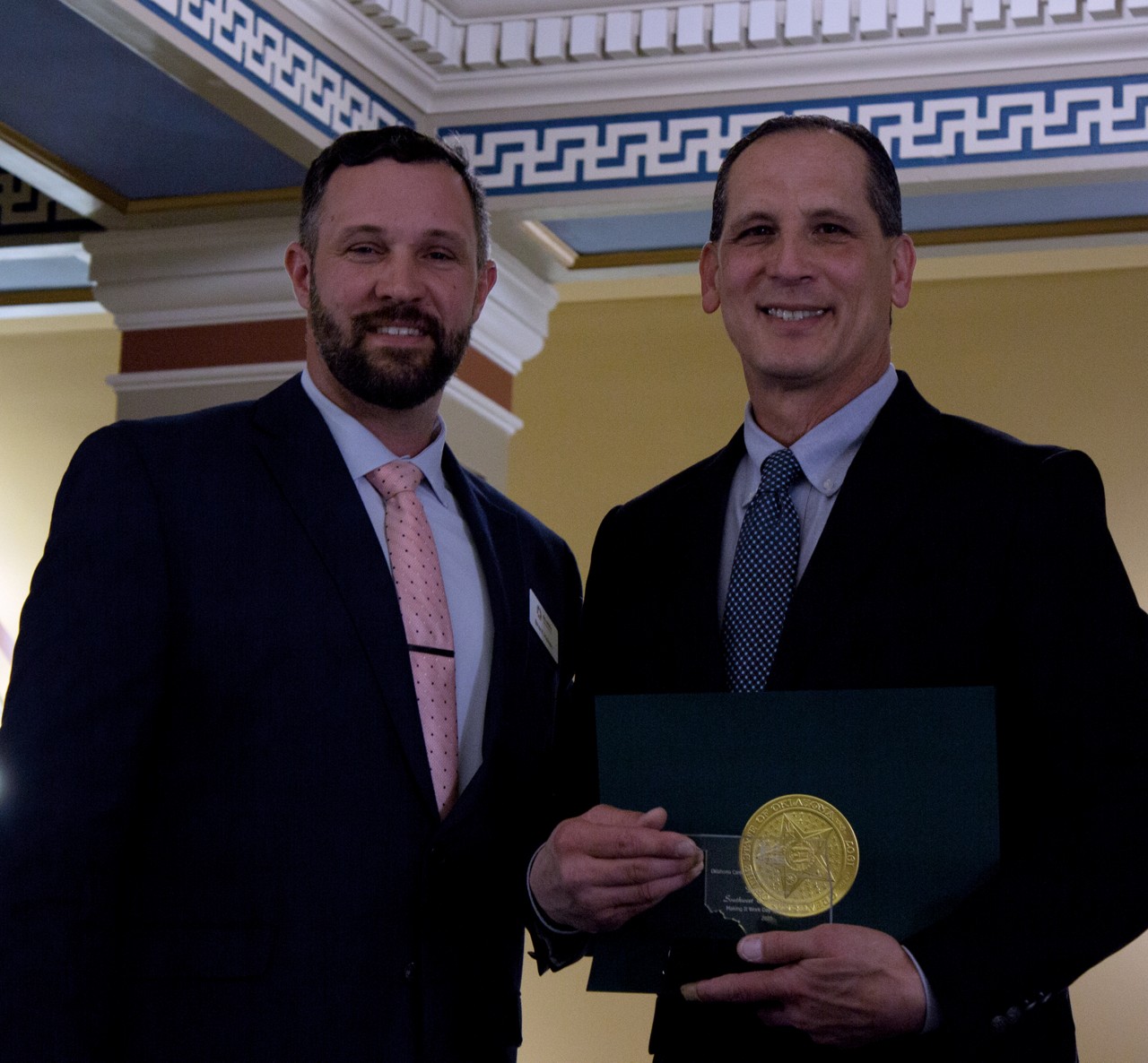 Dale Latham, right, Southwest Technology Center superintendent, recently received a Making It Work Day Spotlight Award from the Oklahoma Career and Technical Education Equity Council. With him is Brent Haken, Oklahoma Department of Career and Technology Education director.