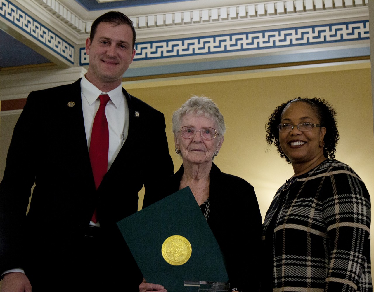 Gail Sperry, center, adult education instructor at Northeastern Oklahoma A&M College, recently received the Outstanding Instructor of Non-Traditional Students award from the Oklahoma Career and Technical Education Equity Council. With her is Sen. Tom Woods, R-Westville, left, and Goldie Thompson, vice chancellor for student preparation and special programs with the Oklahoma State Regents for Higher Education.