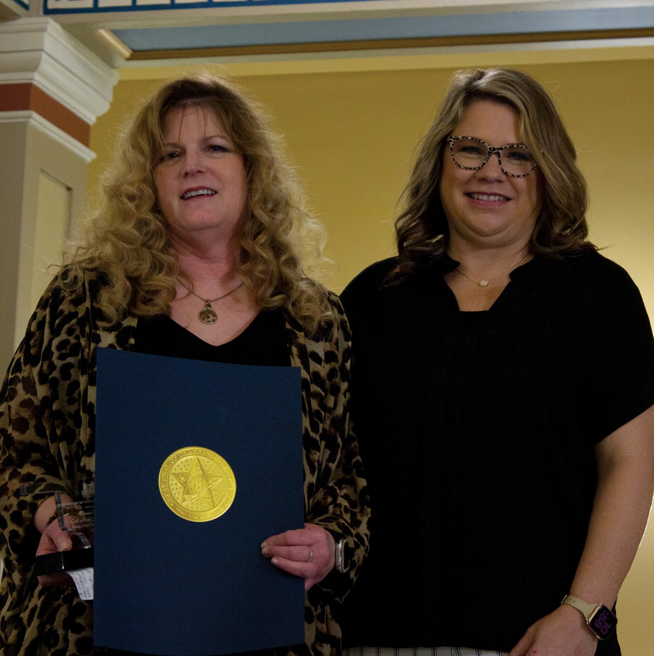 Ramona Smith, left, Power I Program director at Carl Albert State College, recently received a Making It Work Day Spotlight Award from the Oklahoma Career and Technical Education Equity Council. With her is Kelly Vinson, OkCTEEC president and director of Project Achieve at Northern Oklahoma College.