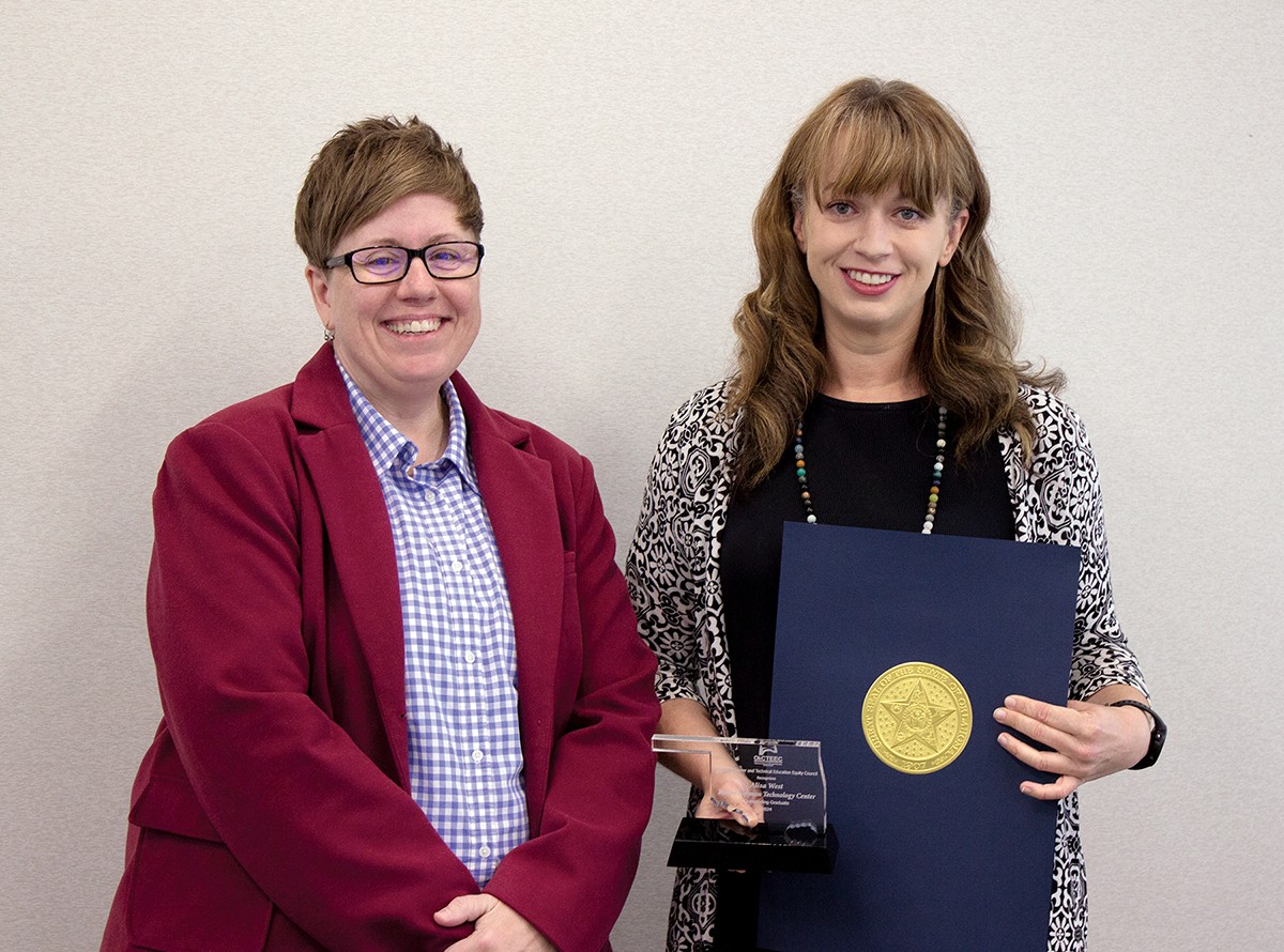 Alisa West, right, a graduate of Moore Norman Technology Center, recently received the Outstanding Graduate award from the Oklahoma Career and Technical Education Equity Council. With her is Sondra Shelby, assistant director of adult and family services at Oklahoma Human Services.