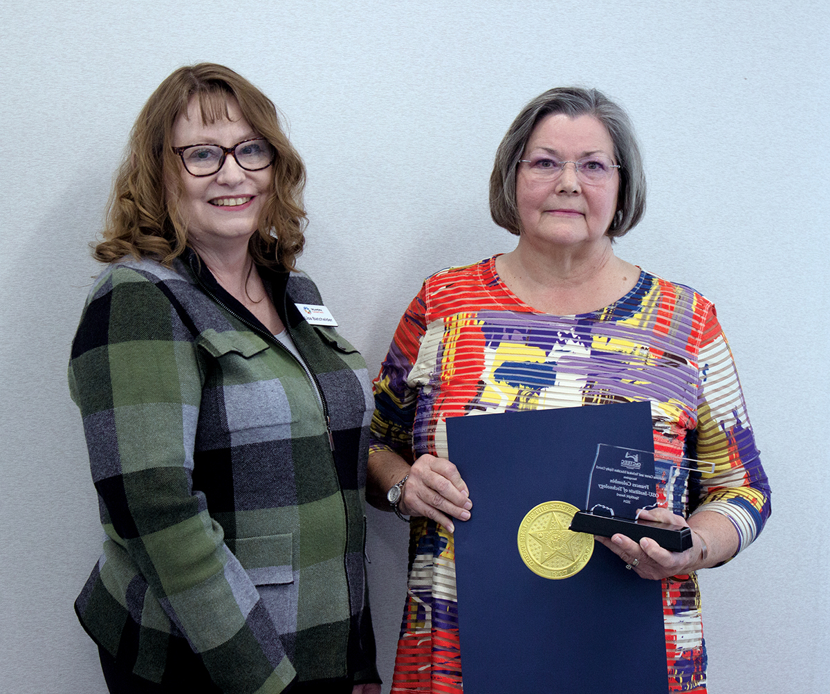 Frances Colombin, right, an Oklahoma State University Institute of Technology employee, recently received the Making It Work Day Spotlight award from the Oklahoma Career and Technical Education Equity Council. With her is Lisa Batchelder, chief financial officer at the Oklahoma Department of Career and Technology Education.