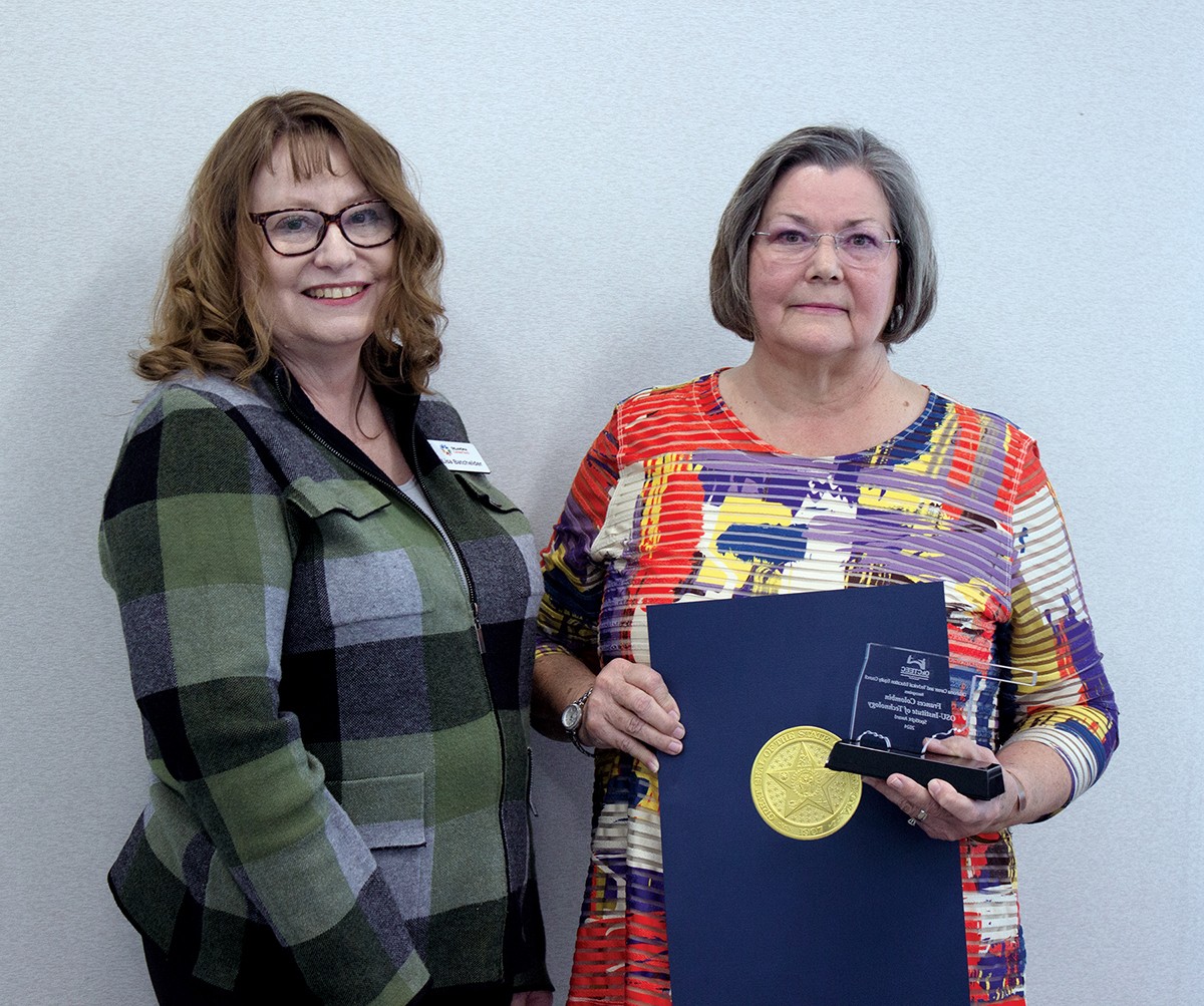Frances Colombin, right, an Oklahoma State University Institute of Technology employee, recently received the Making It Work Day Spotlight award from the Oklahoma Career and Technical Education Equity Council. With her is Lisa Batchelder, chief financial officer at the Oklahoma Department of Career and Technology Education.
