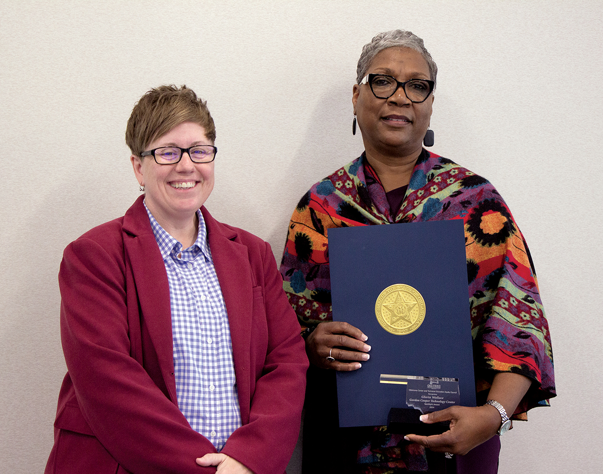 Gloria Wallace, right, a Gordon Cooper Technology Center employee, recently received the Making It Work Day Spotlight award from the Oklahoma Career and Technical Education Equity Council. With her is Sondra Shelby, assistant director of adult and family services at Oklahoma Human Services.