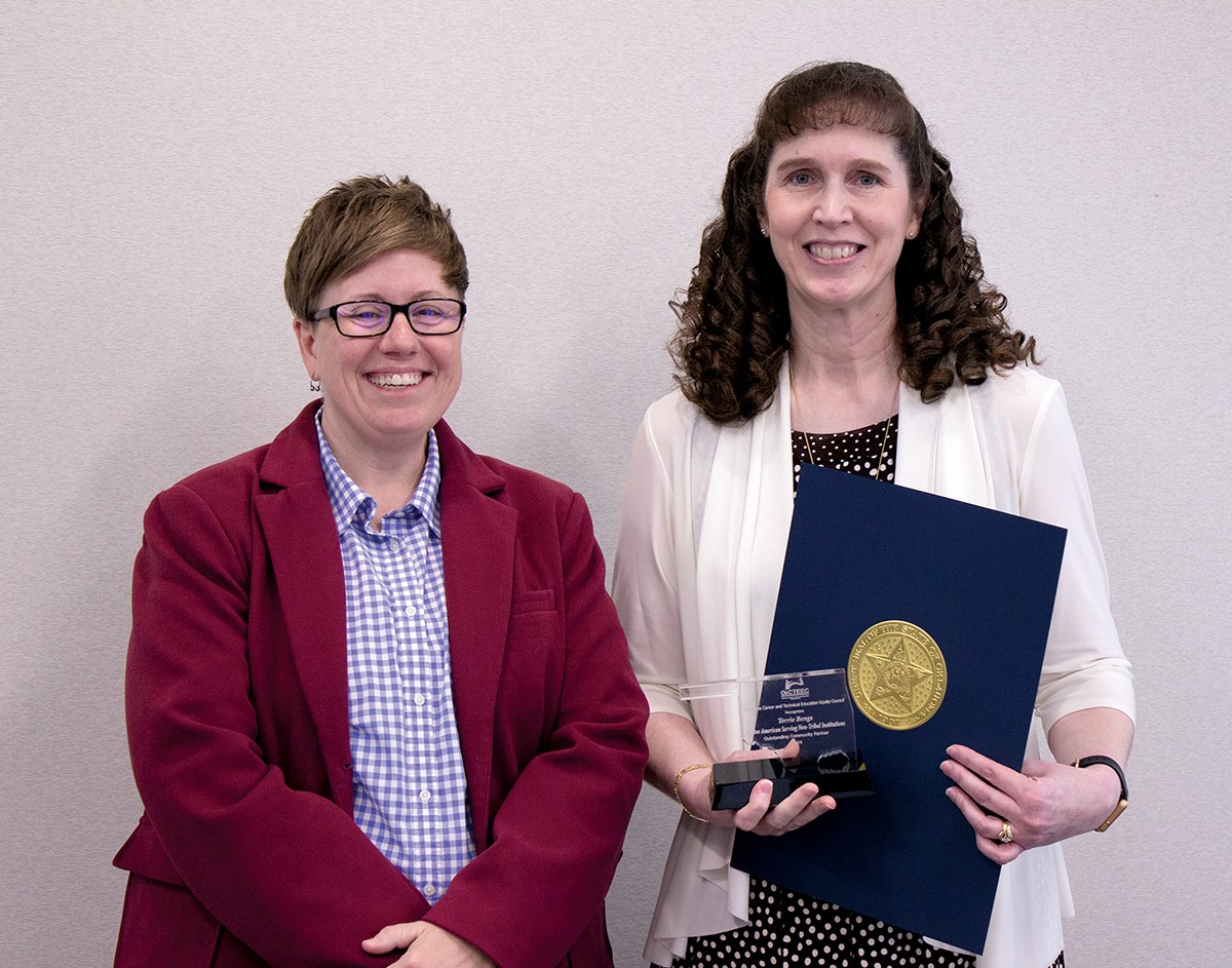 Native American-Serving Non-Tribal Institutions recently received the Outstanding Community Partner/Agency award from the Oklahoma Career and Technical Education Equity Council. Pictured are, from left, Sondra Shelby, assistant director of adult and family services at Oklahoma Human Services, and Terrie Bengs, a tutor specialist at NASNTI.