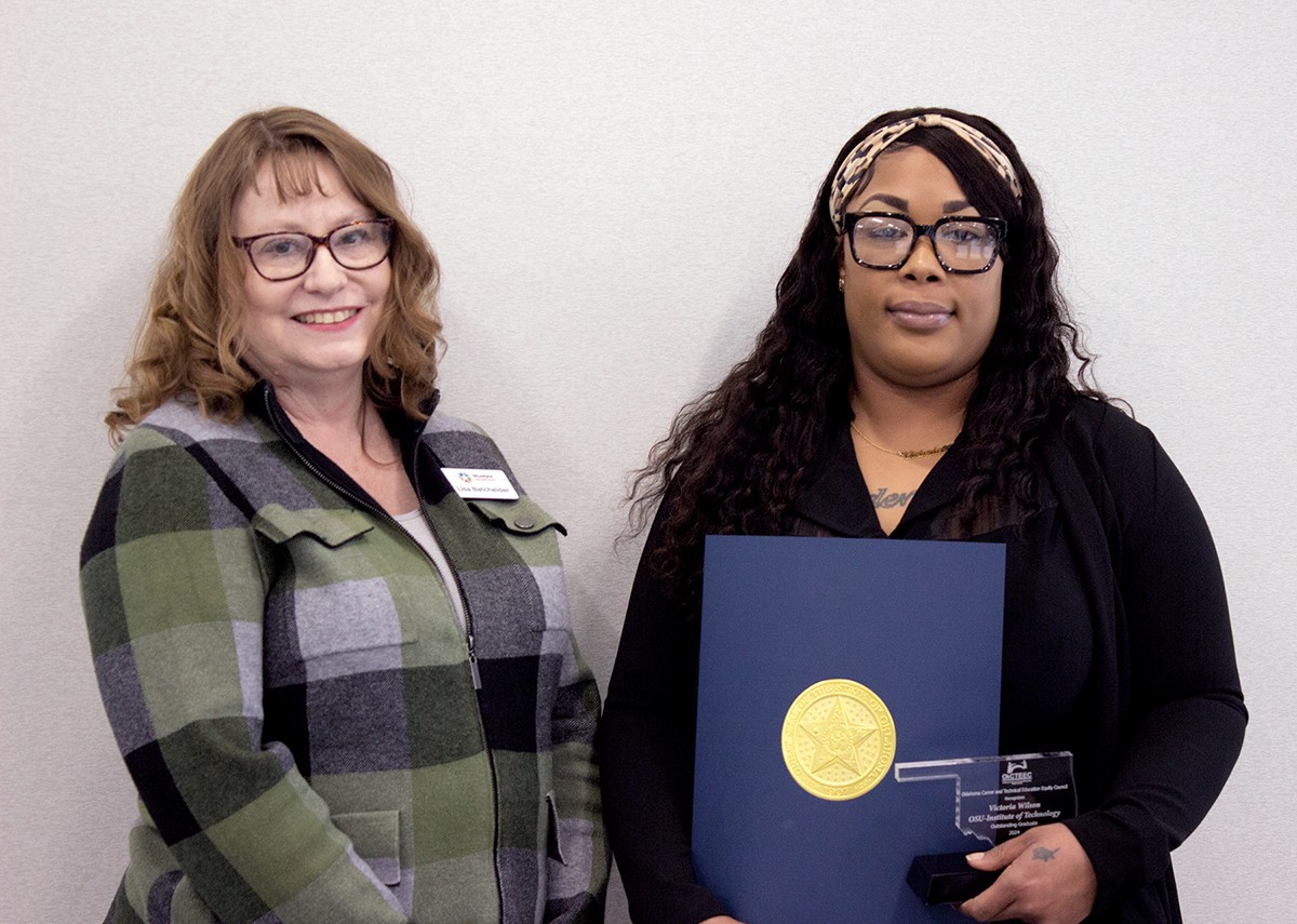 Victoria Wilson, right, a graduate of Oklahoma State University Institute of Technology, recently received the Outstanding Graduate award from the Oklahoma Career and Technical Education Equity Council. With her is Lisa Batchelder, chief financial officer at the Oklahoma Department of Career and Technology Education.