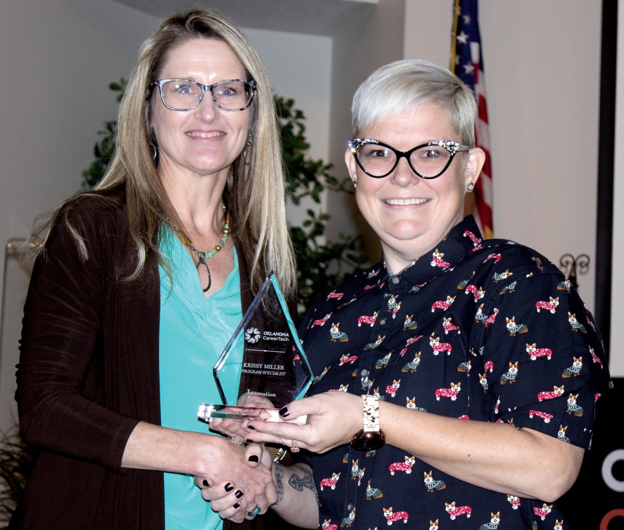 Krissy Miller, right, received an Innovations Pinnacle Award. With her is Oklahoma CareerTech State Director Marcie Mack.