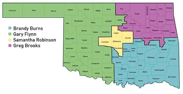 Map of Skills Centers Employment Regions - a printed list of counties, along with the employment coordinator for each county, is available below this image