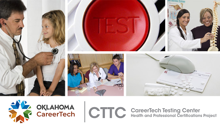 A collage of images that represent the Health and Professional Certifications offered through the CareerTech Testing Center.