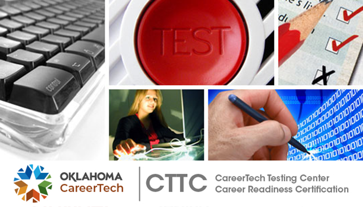 CareerTech Testing Center - Career Readiness Certification Web Banner contains 4 images: female holding a computer circuit board; group of students holding their certificates; WorkKeys We Recognize logo; photo of Isaak Noman
