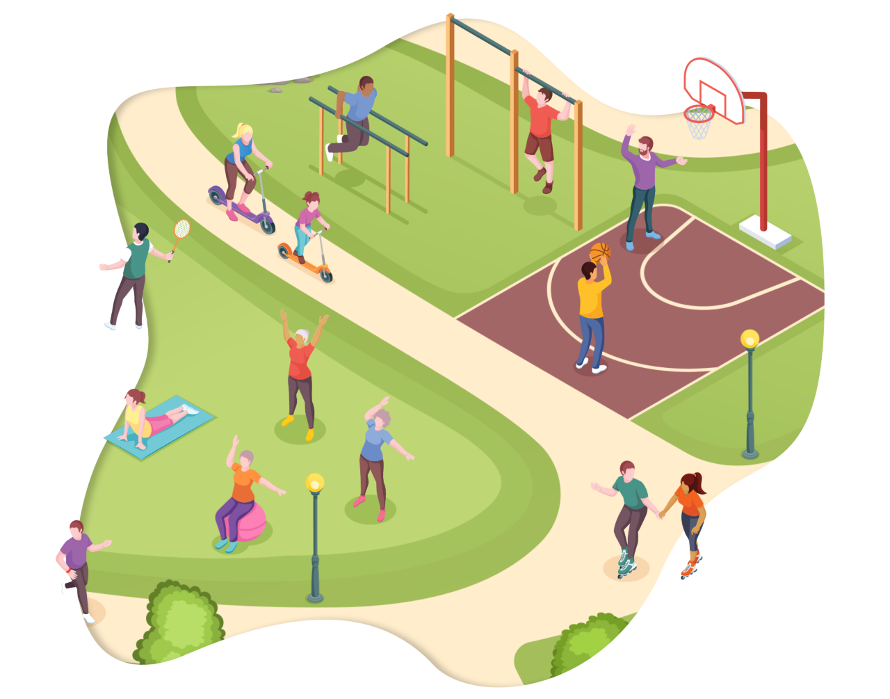 A graphic depicts child enjoying various playground activities. 